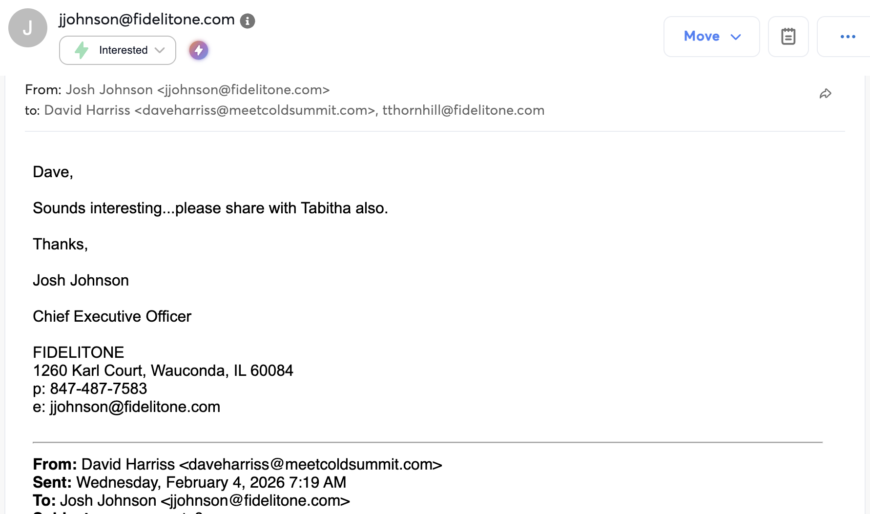 Josh Johnson, CEO of Fidelitone, interested reply