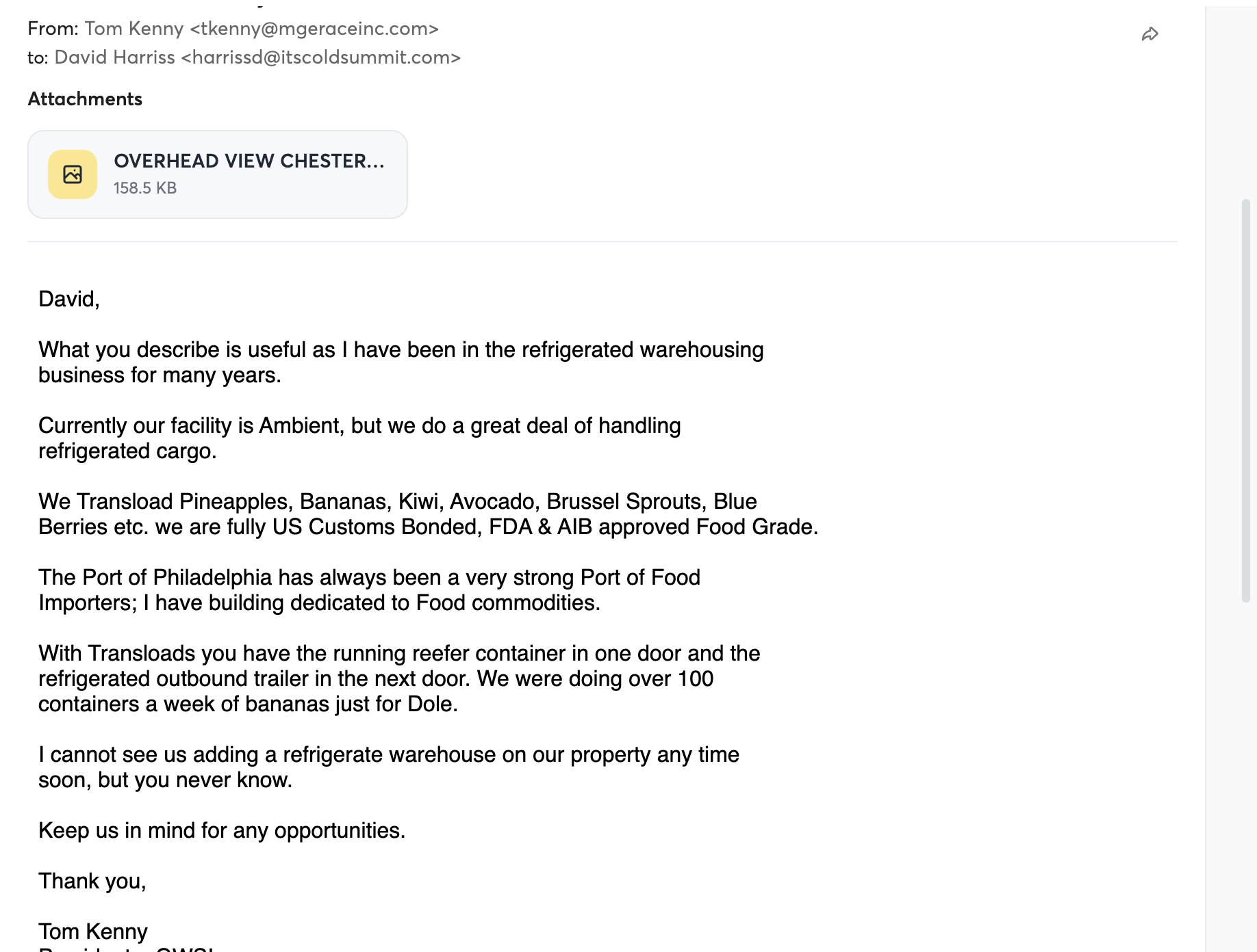 Tom Kenny, president, engaged reply about refrigerated warehousing