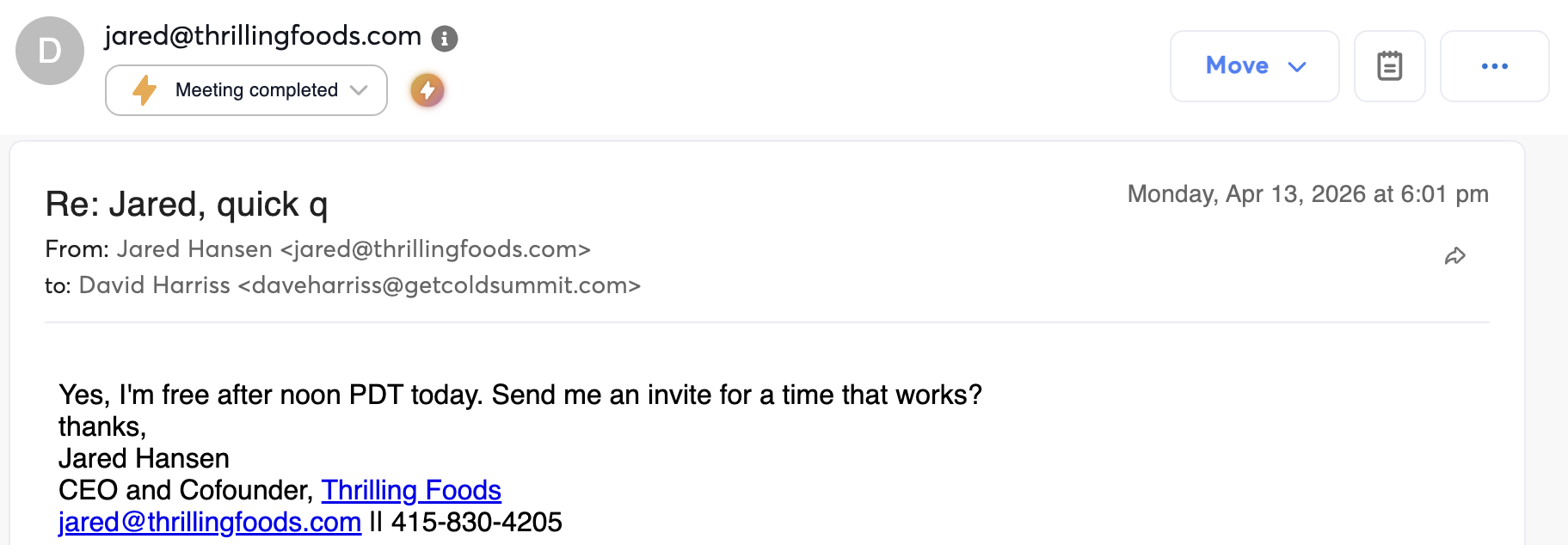 Jared Hansen, CEO of Thrilling Foods, booking a meeting