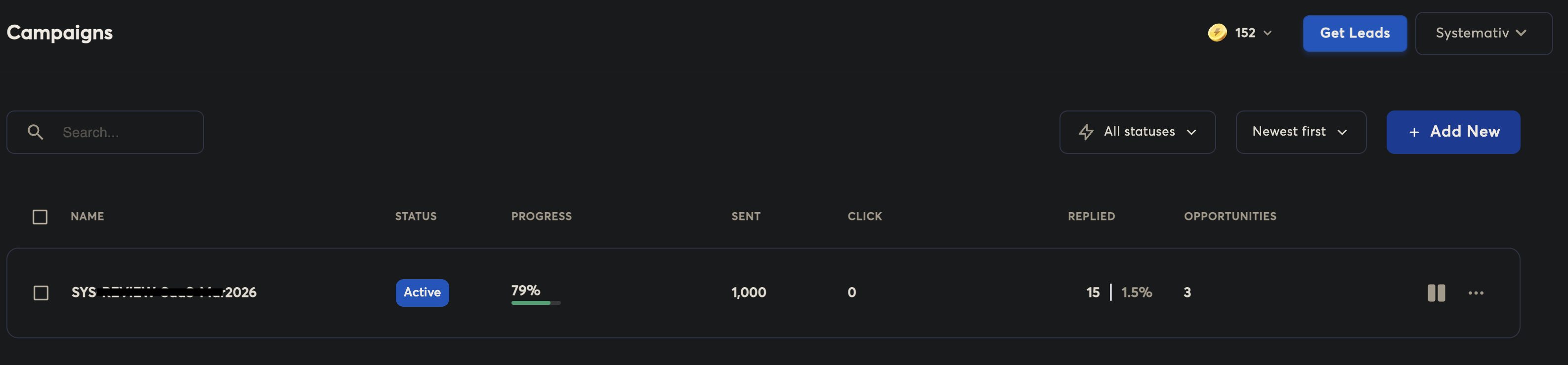 Campaign dashboard — 1,000 sent, 15 replied, 3 opportunities